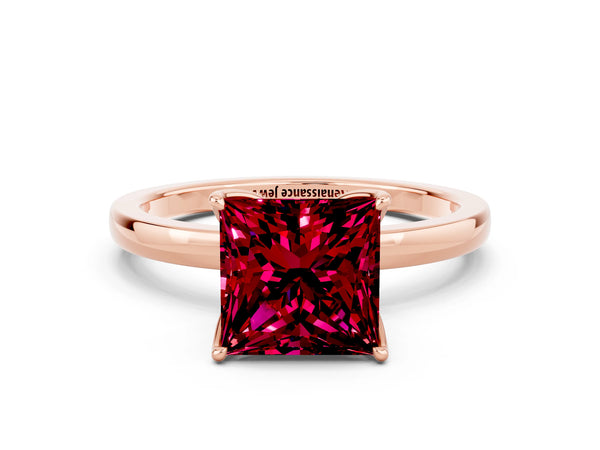 Rose gold Princess Cut Garnet Solitaire Ring with Thin Band and Prong Setting