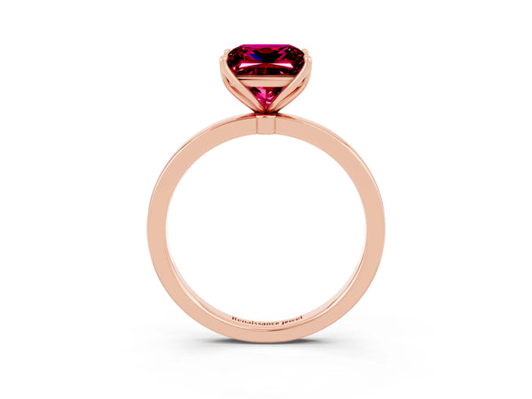 Rose gold Princess Cut Garnet Solitaire Ring with Thin Band and Prong Setting