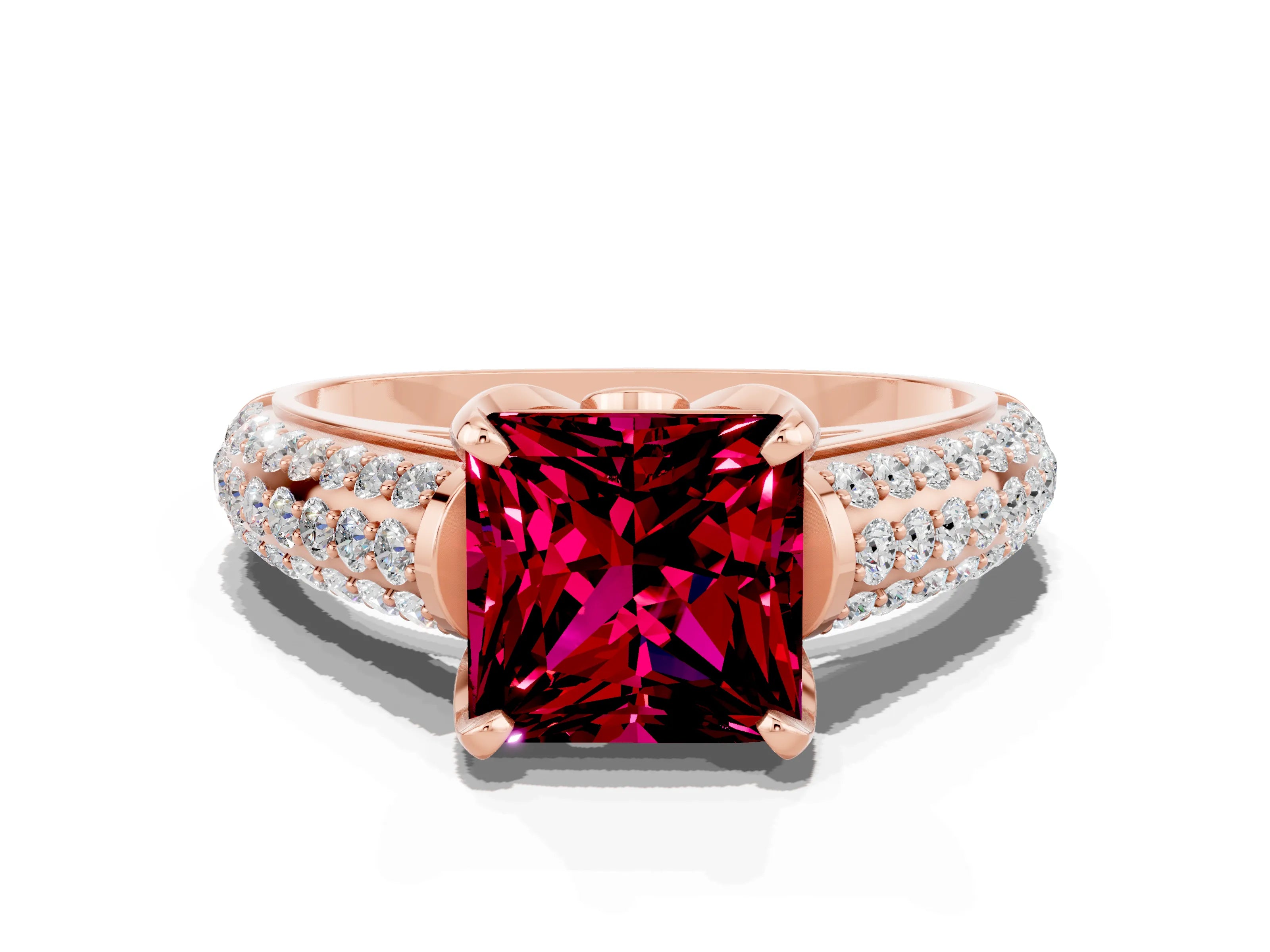 Rose gold Princess Cut Garnet Solitaire Ring with Three-Row Pavé Band and Four-Prong Setting_12