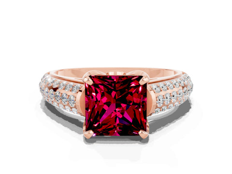 Rose gold Princess Cut Garnet Solitaire Ring with Three-Row Pavé Band and Four-Prong Setting_12