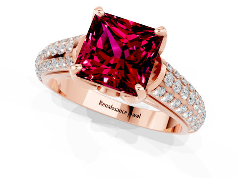 Rose gold Princess Cut Garnet Solitaire Ring with Three-Row Pavé Band and Four-Prong Setting_13
