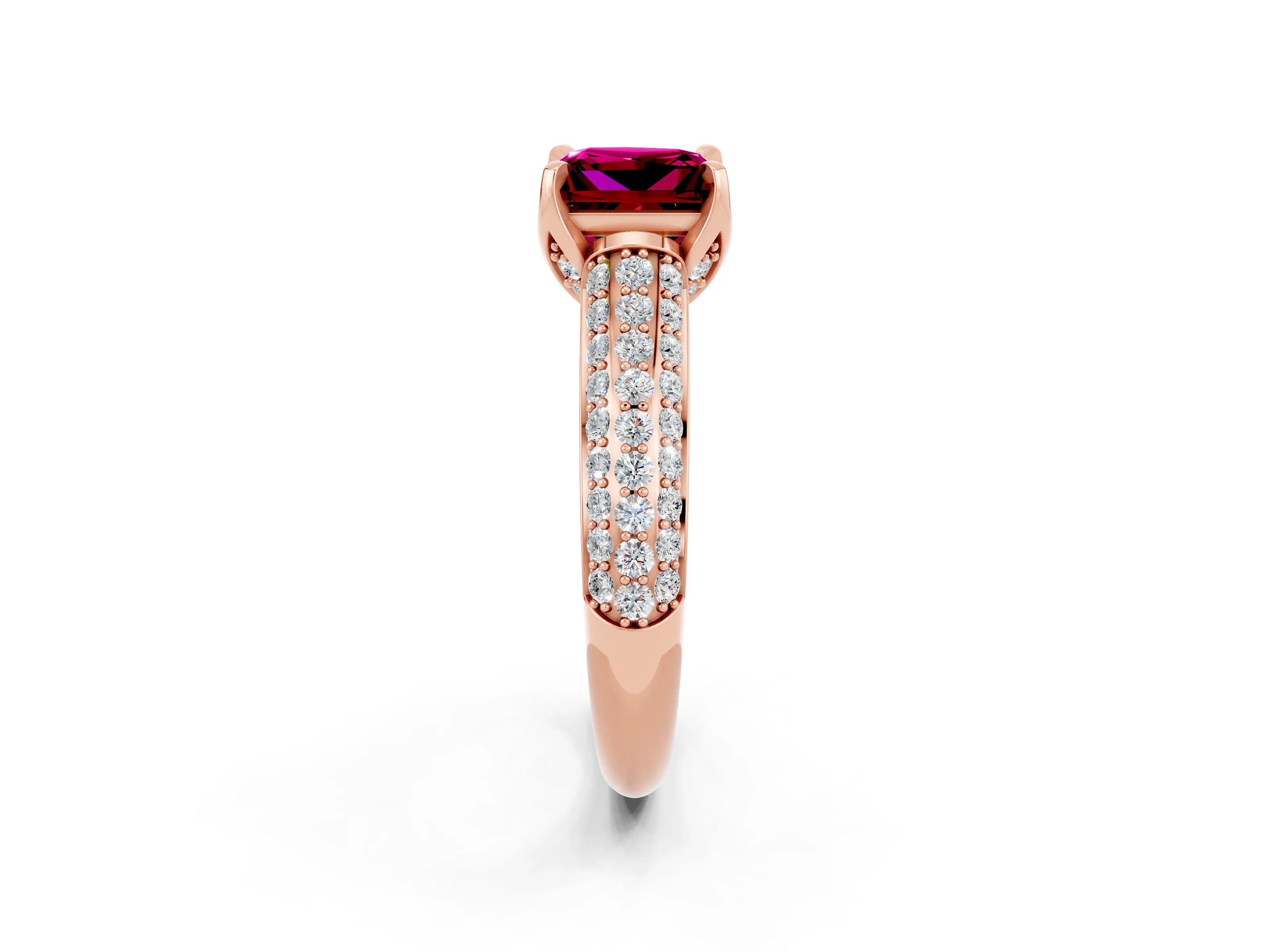 Rose gold Princess Cut Garnet Solitaire Ring with Three-Row Pavé Band and Four-Prong Setting_14
