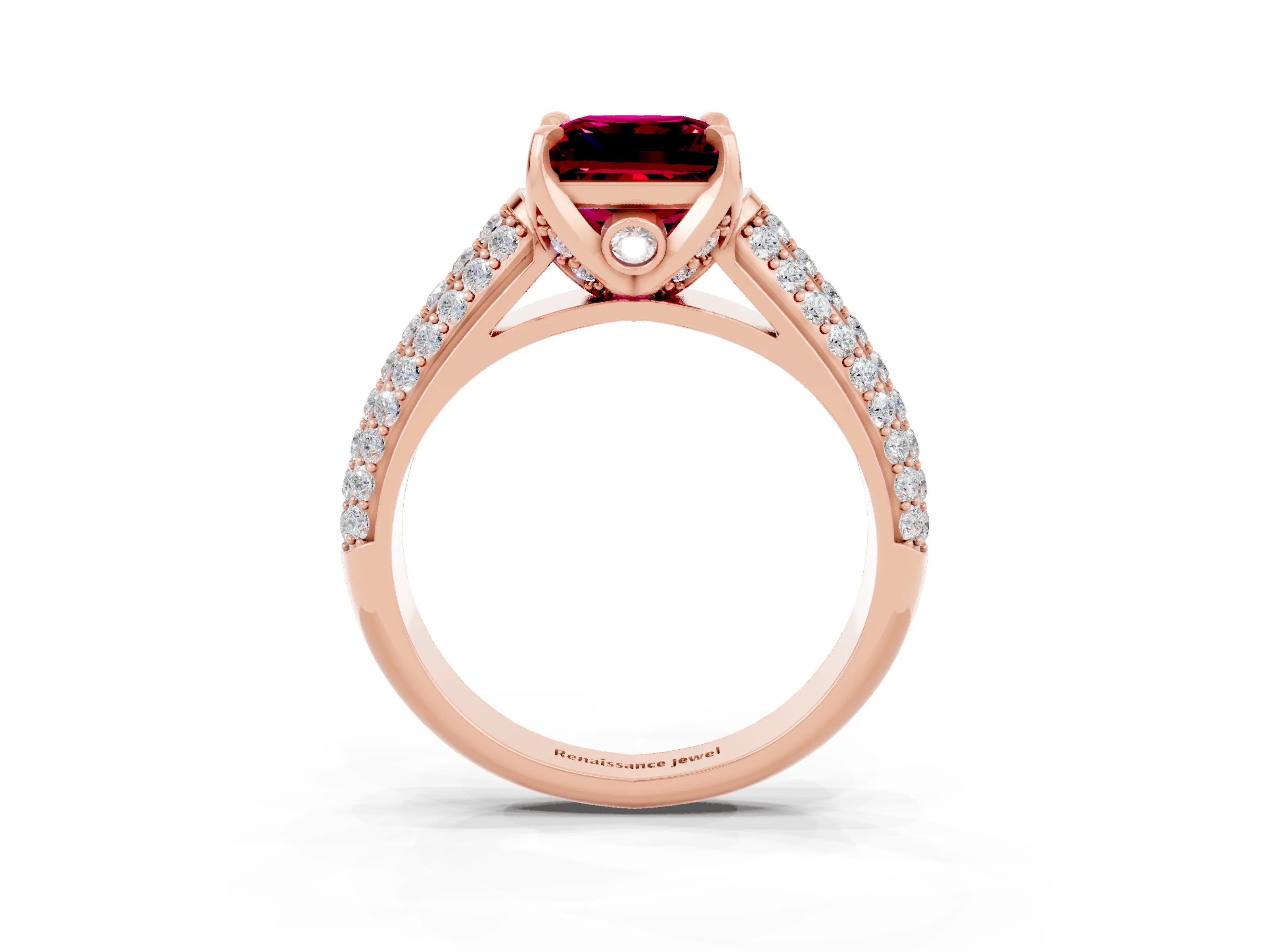 Rose gold Princess Cut Garnet Solitaire Ring with Three-Row Pavé Band and Four-Prong Setting_15