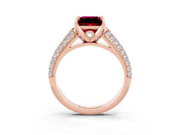Rose gold Princess Cut Garnet Solitaire Ring with Three-Row Pavé Band and Four-Prong Setting