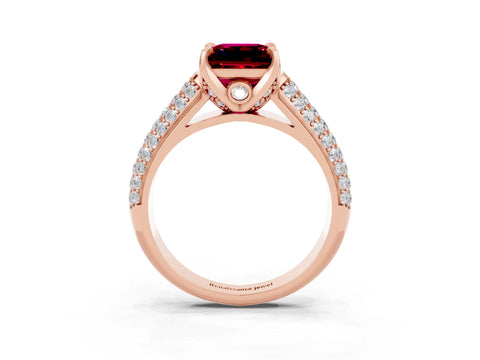 Rose gold Princess Cut Garnet Solitaire Ring with Three-Row Pavé Band and Four-Prong Setting_15