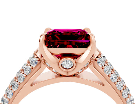 Rose gold Princess Cut Garnet Solitaire Ring with Three-Row Pavé Band and Four-Prong Setting_16