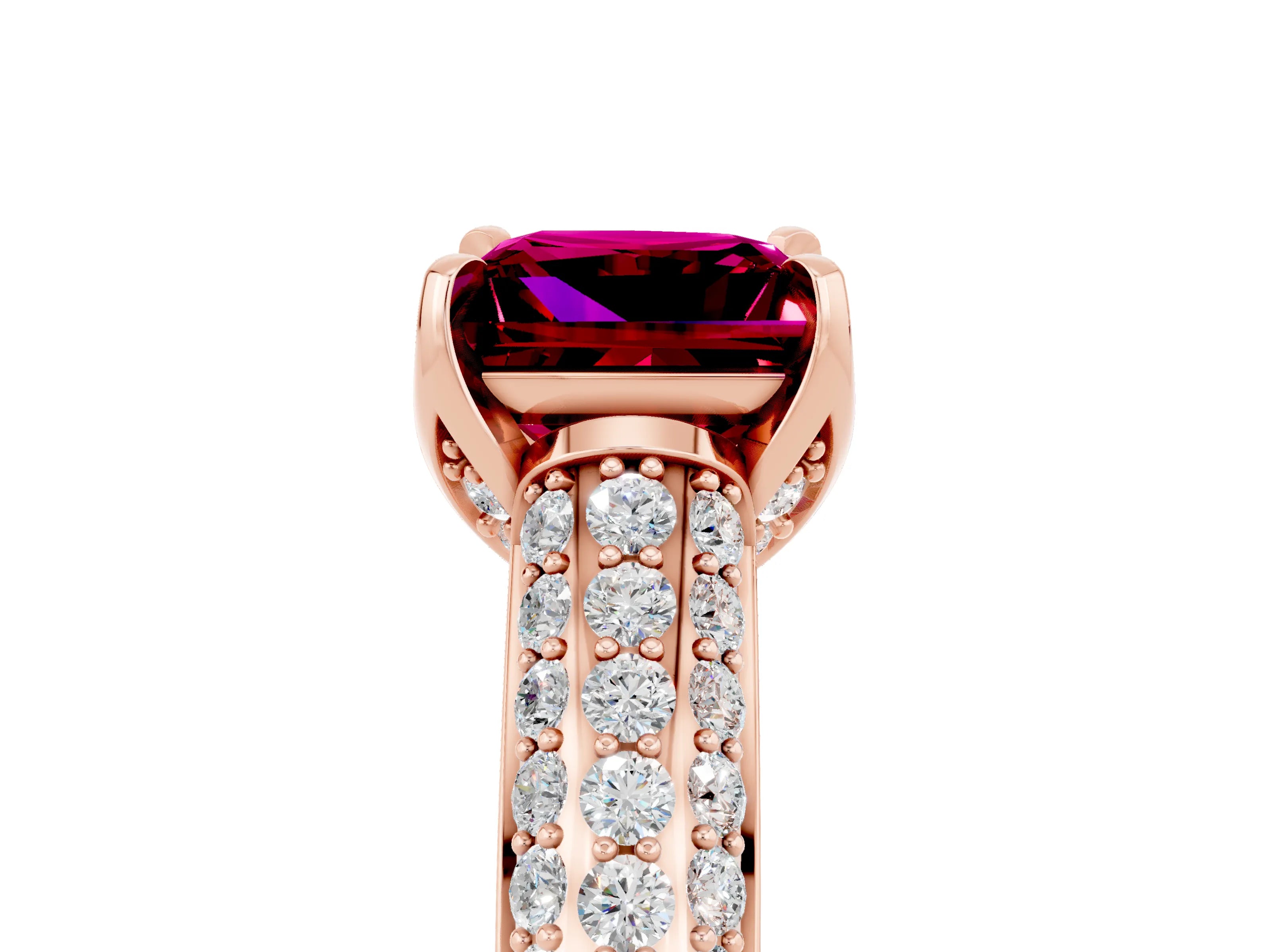 Rose gold Princess Cut Garnet Solitaire Ring with Three-Row Pavé Band and Four-Prong Setting_17