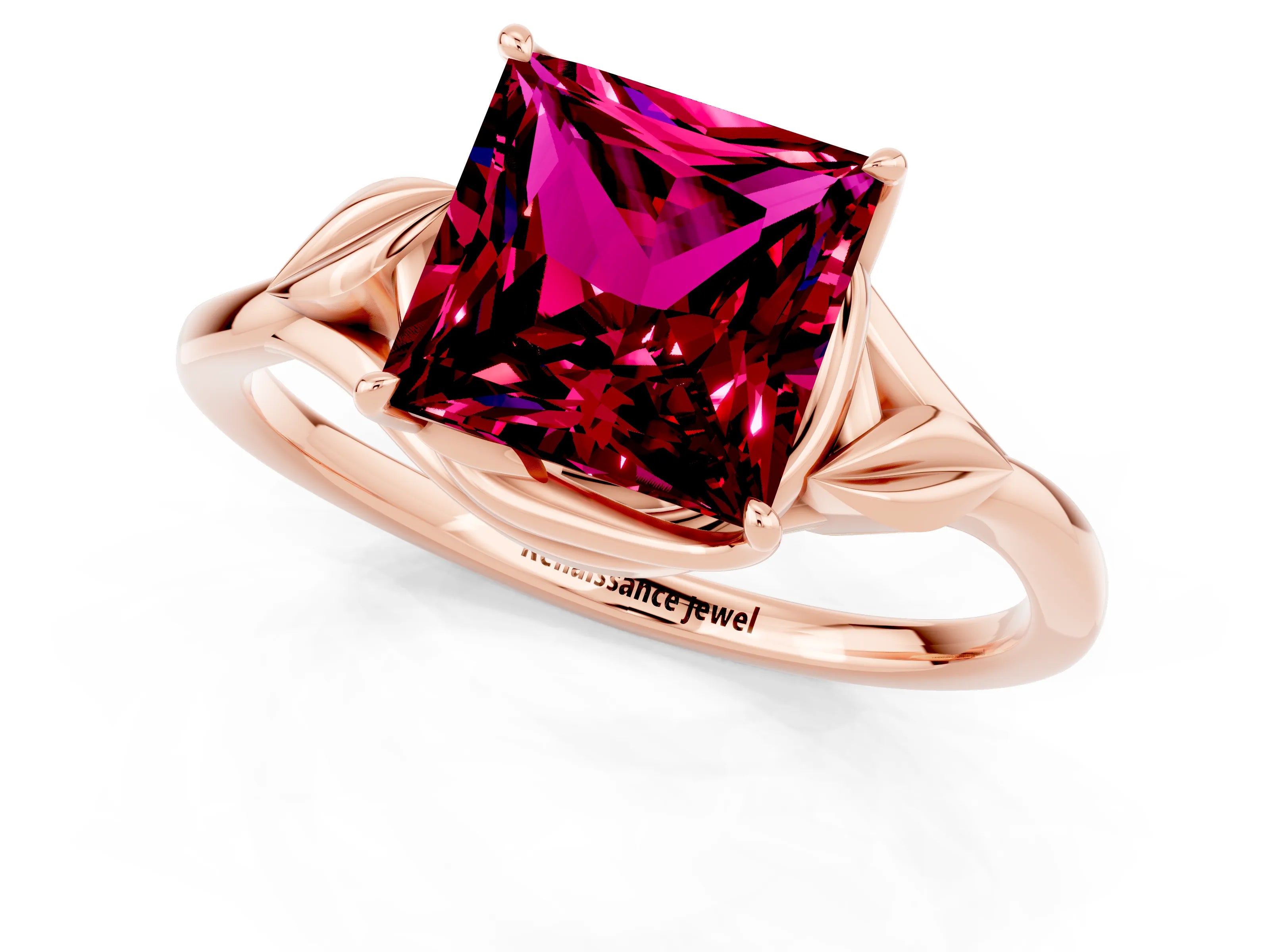 Rose gold Princess Cut Garnet Solitaire Ring with Twist Band and Four-Prong Setting_25