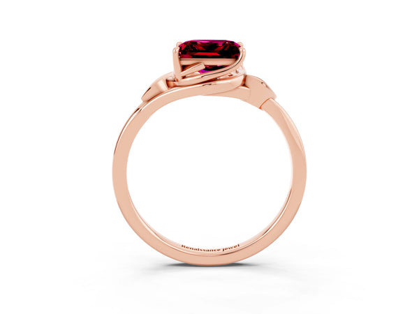 Rose gold Princess Cut Garnet Solitaire Ring with Twist Band and Four-Prong Setting