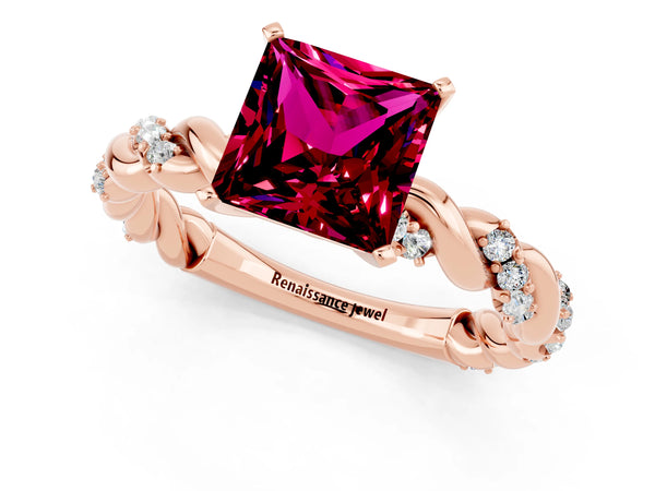Rose gold Princess Cut Garnet Solitaire Ring with Twisted Band and Pavé Accents