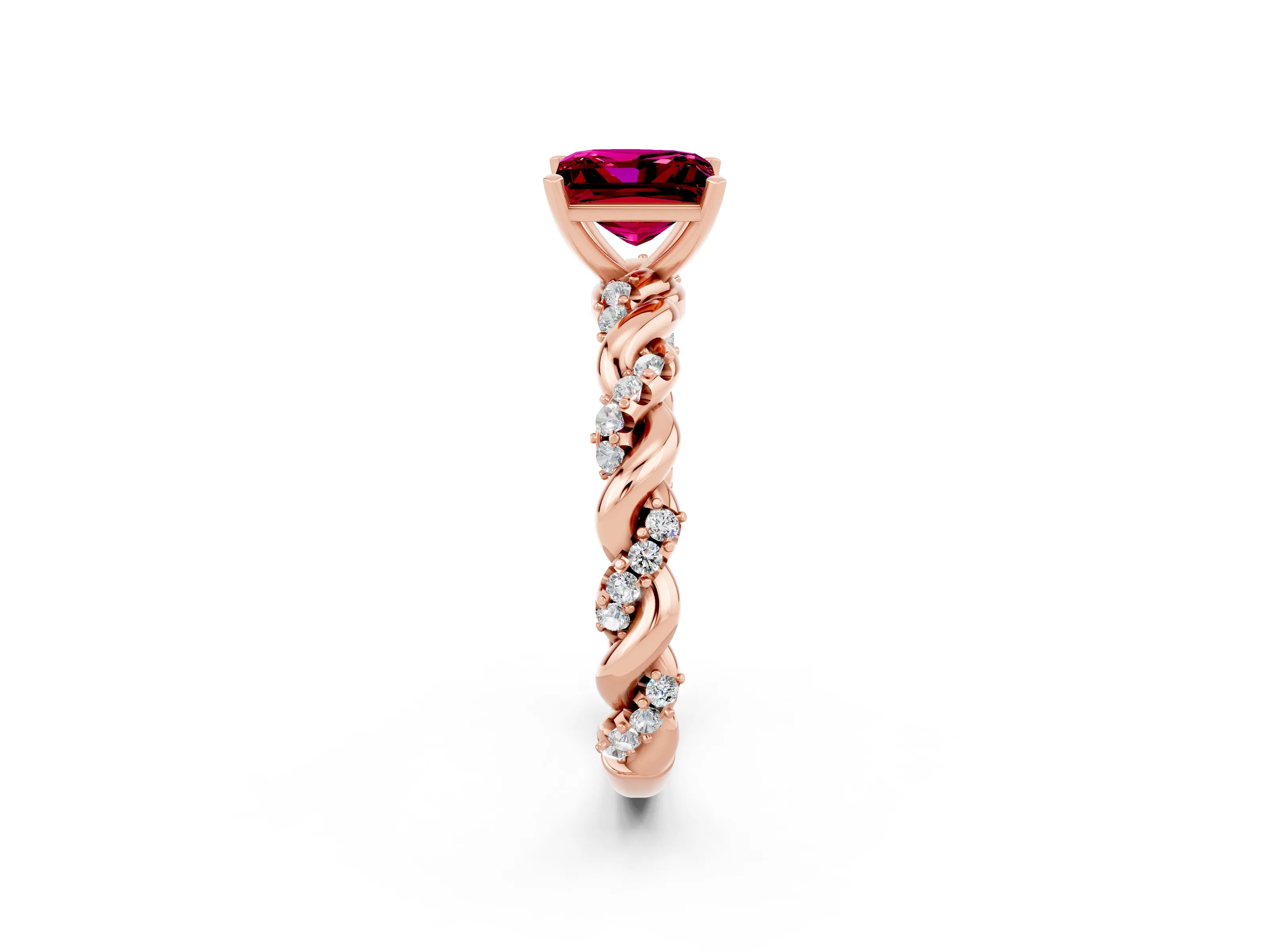 Rose gold Princess Cut Garnet Solitaire Ring with Twisted Band and Pavé Accents_2