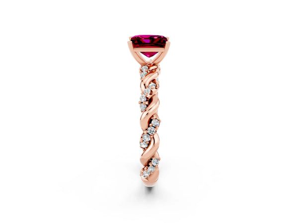 Rose gold Princess Cut Garnet Solitaire Ring with Twisted Band and Pavé Accents
