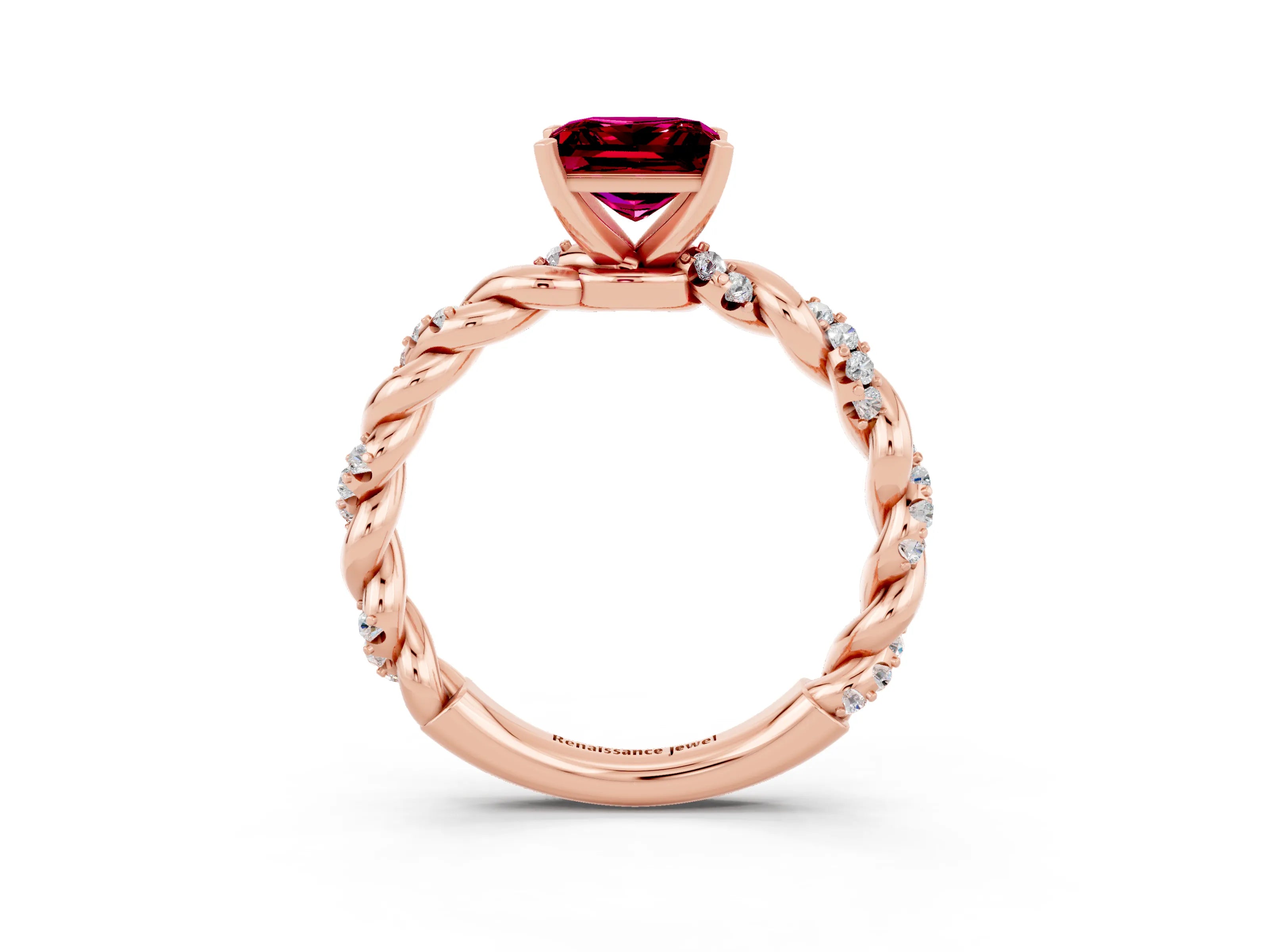 Rose gold Princess Cut Garnet Solitaire Ring with Twisted Band and Pavé Accents_3