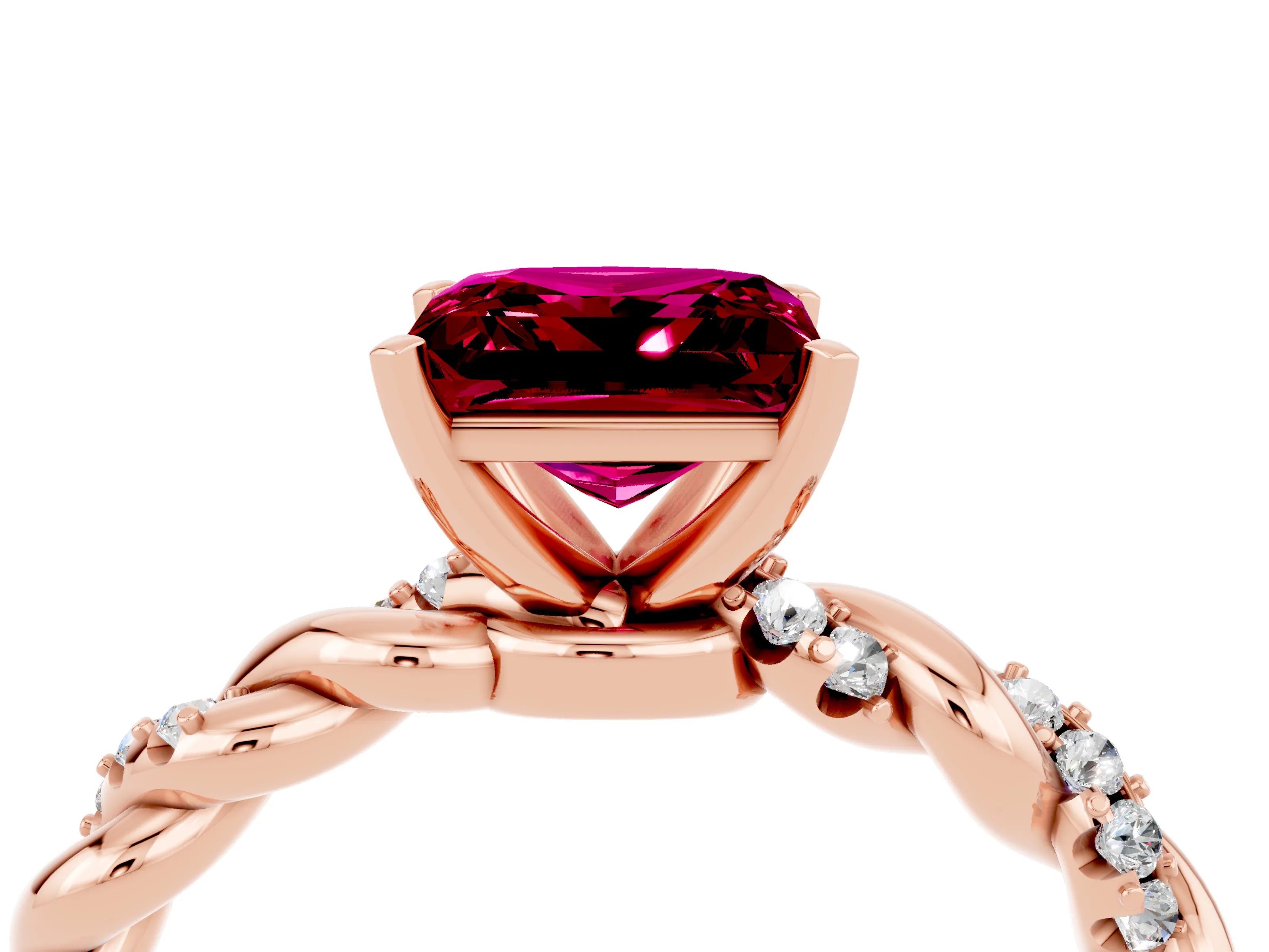 Rose gold Princess Cut Garnet Solitaire Ring with Twisted Band and Pavé Accents_4