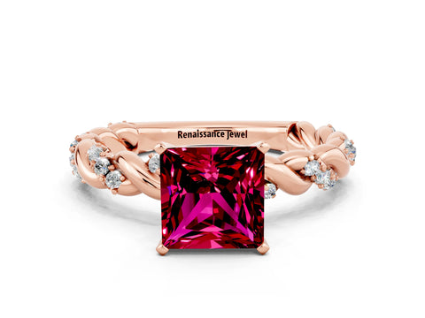 Rose gold Princess Cut Garnet Solitaire Ring with Twisted Band and Pavé Accents