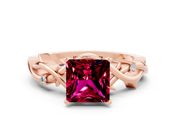 Rose gold Princess Cut Garnet Solitaire Ring with Twisted Band and Prong Setting