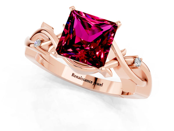 Rose gold Princess Cut Garnet Solitaire Ring with Twisted Band and Prong Setting