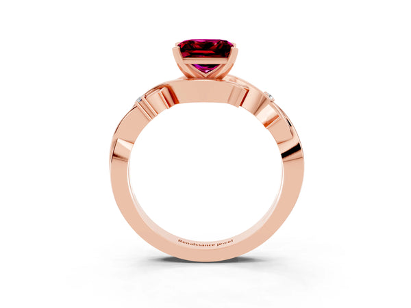 Rose gold Princess Cut Garnet Solitaire Ring with Twisted Band and Prong Setting