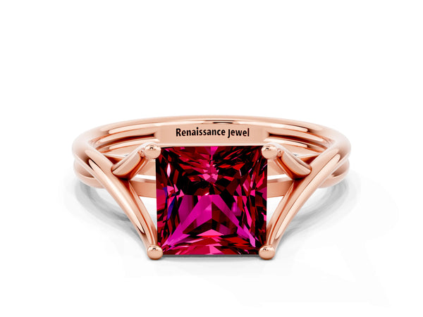 Rose gold Princess Cut Garnet Solitaire Twist Band Prong Setting Ring