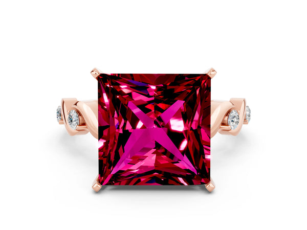 Rose gold Princess Cut Garnet Solitaire Twisted Band with Round  Accents and Prong Setting
