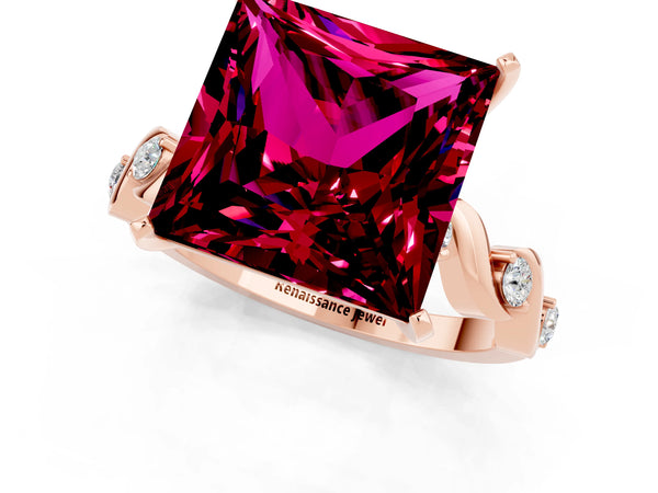 Rose gold Princess Cut Garnet Solitaire Twisted Band with Round  Accents and Prong Setting