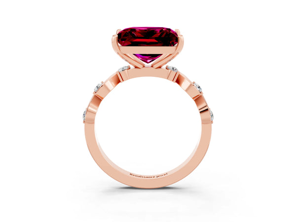 Rose gold Princess Cut Garnet Solitaire Twisted Band with Round  Accents and Prong Setting