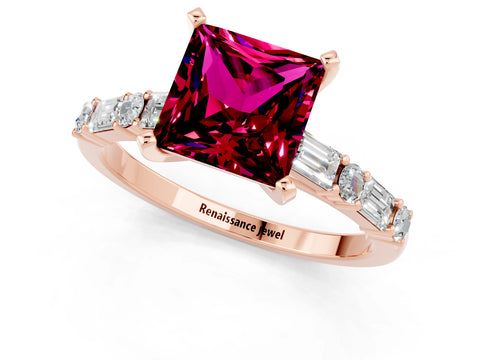 Rose gold Princess Cut Garnet Solitaire with Side Baguettes and Channel Set Band_1