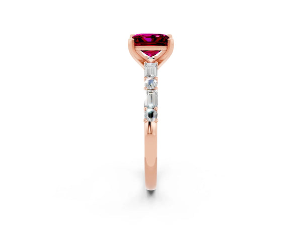 Rose gold Princess Cut Garnet Solitaire with Side Baguettes and Channel Set Band