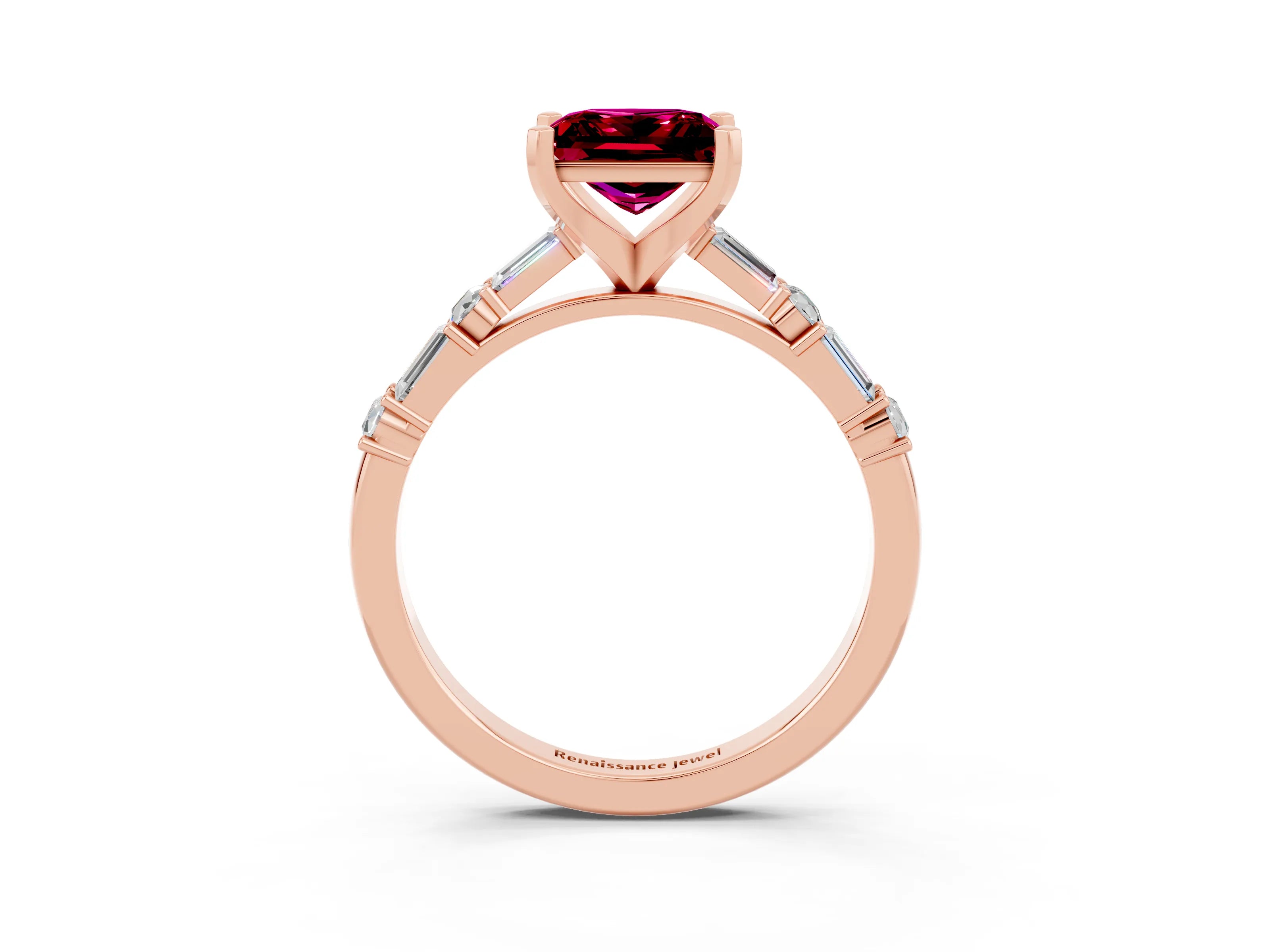 Rose gold Princess Cut Garnet Solitaire with Side Baguettes and Channel Set Band_3