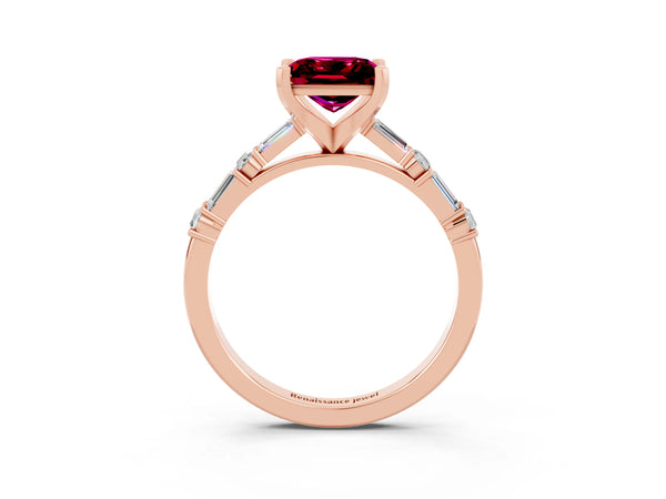 Rose gold Princess Cut Garnet Solitaire with Side Baguettes and Channel Set Band