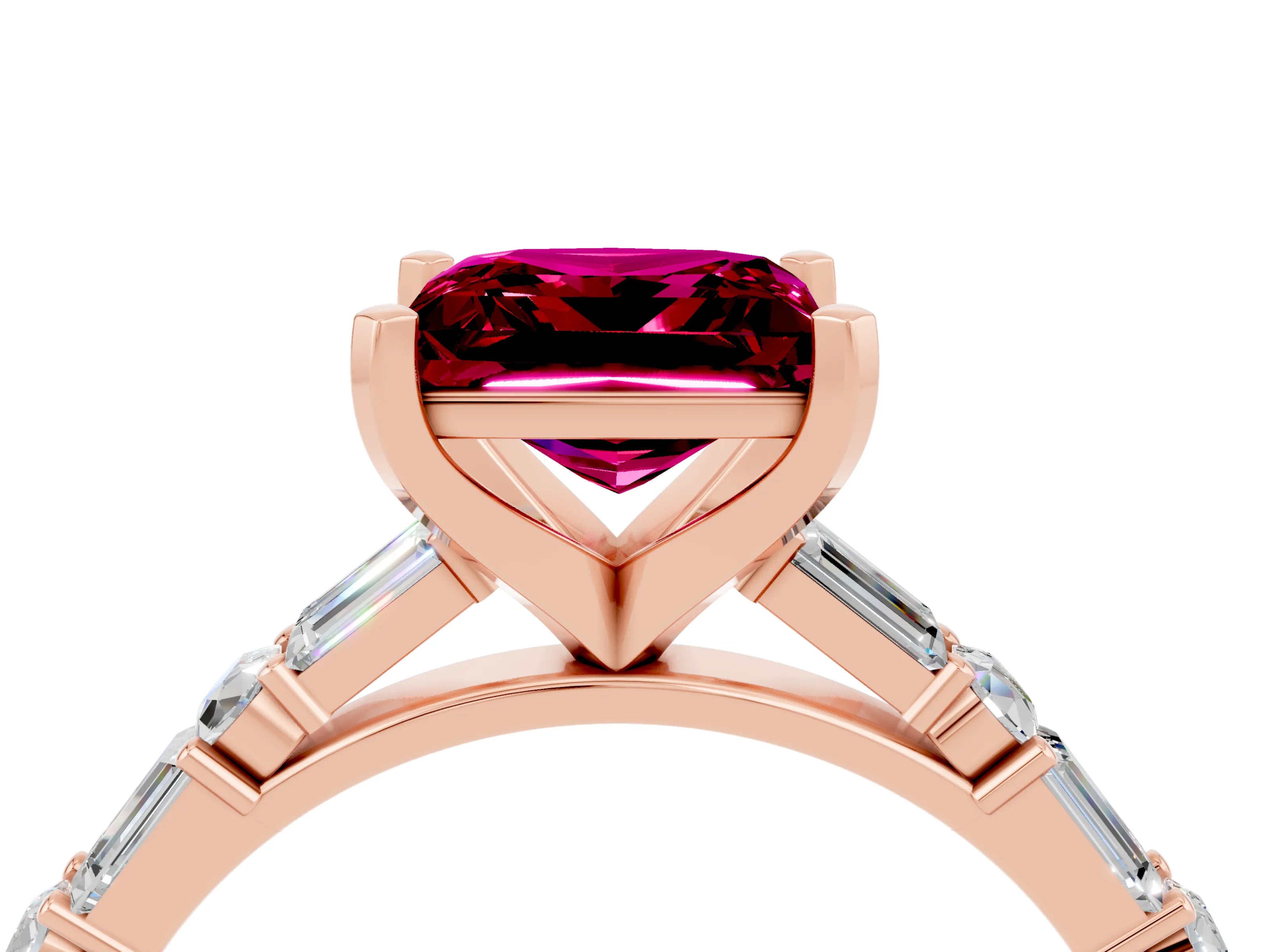 Rose gold Princess Cut Garnet Solitaire with Side Baguettes and Channel Set Band_4