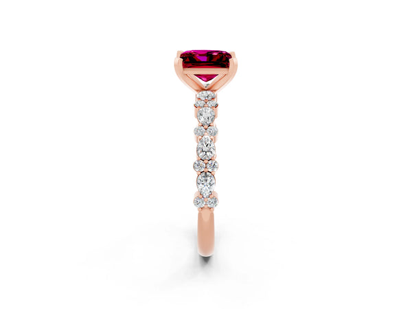 Rose gold Princess Cut Garnet Side Stone Solitaire Ring with Round  and Four-Prong Setting