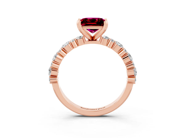 Rose gold Princess Cut Garnet Side Stone Solitaire Ring with Round  and Four-Prong Setting