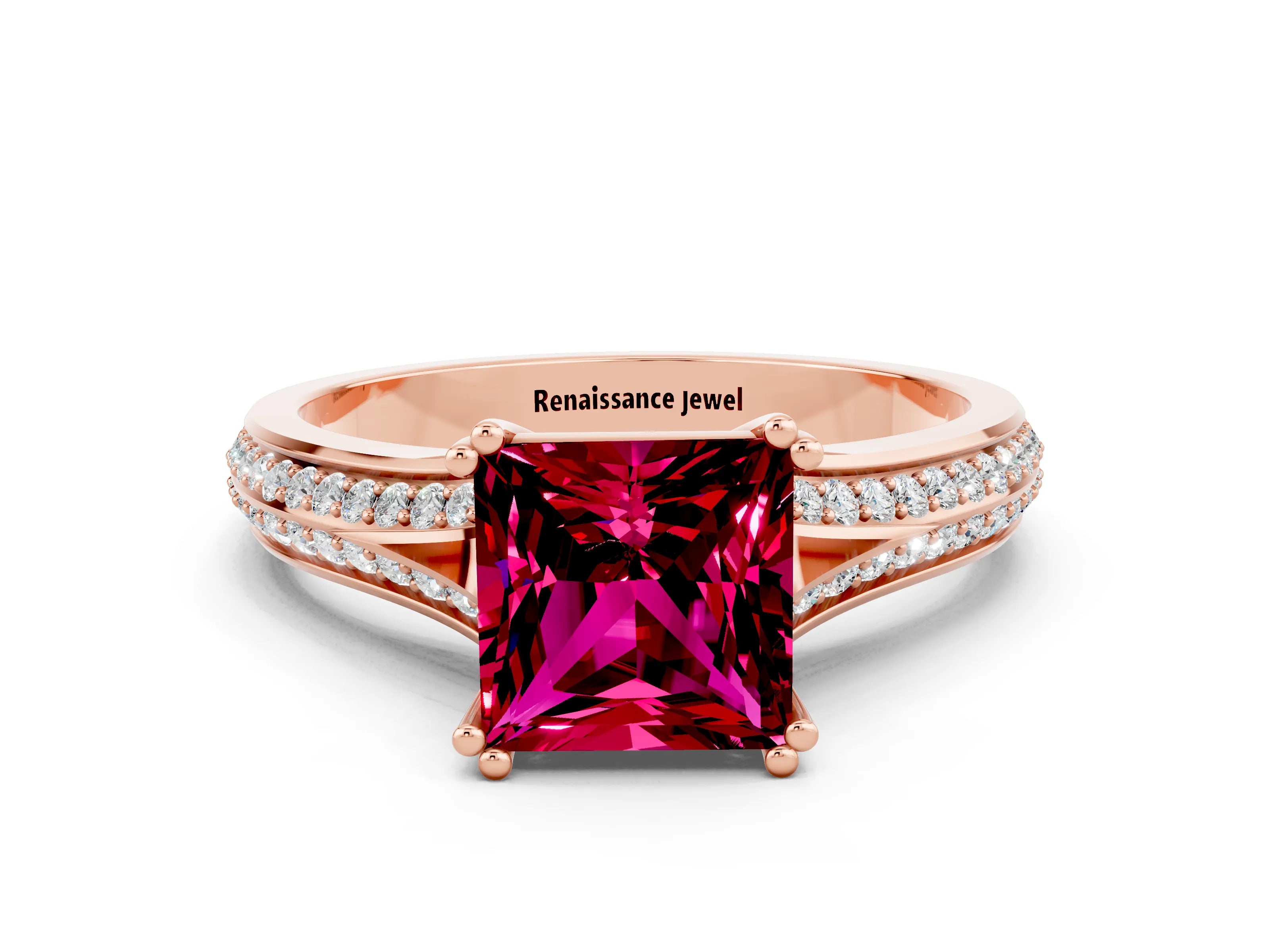 Rose gold Princess Cut Garnet Split Shank Engagement Ring with Pavé Band