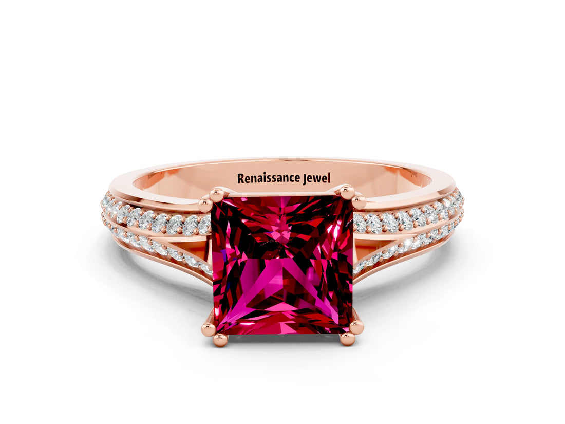 Rose gold Princess Cut Garnet Split Shank Engagement Ring with Pavé Band