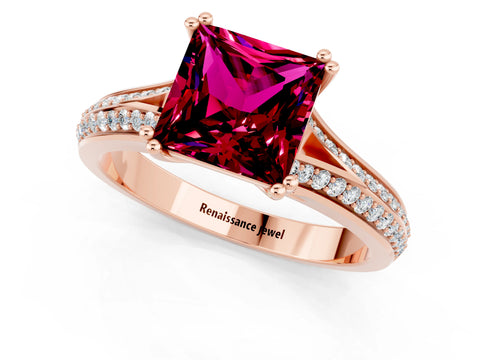 Rose gold Princess Cut Garnet Split Shank Engagement Ring with Pavé Band_1