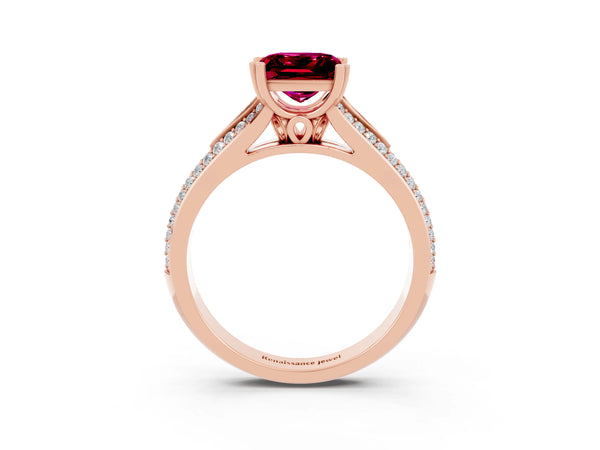 Rose gold Princess Cut Garnet Split Shank Engagement Ring with Pavé Band