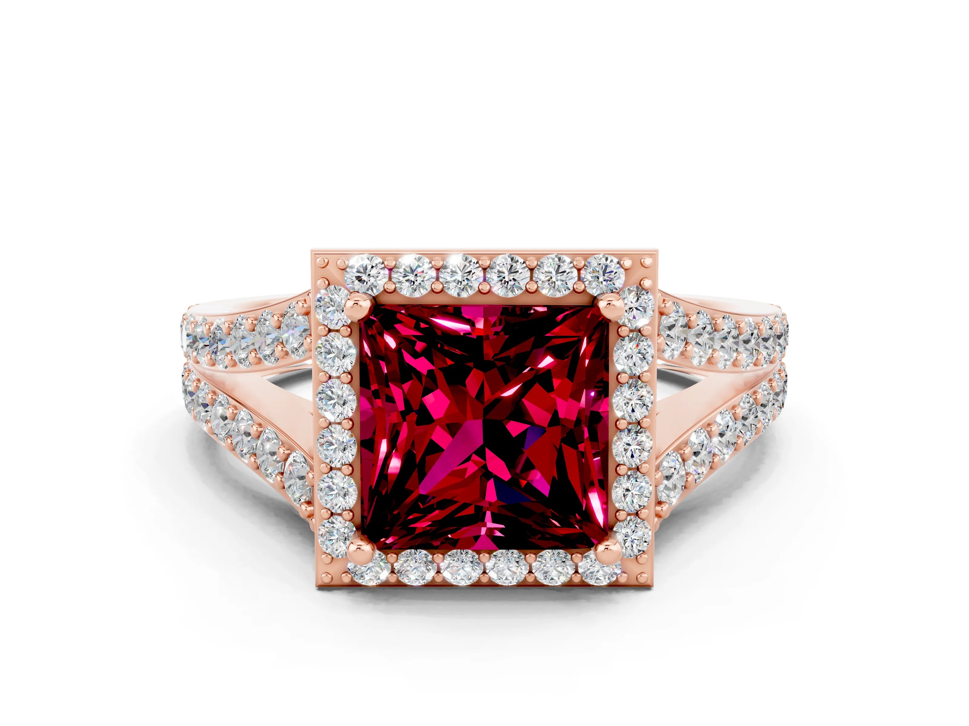 Rose gold Princess Cut Garnet Split Shank Halo Ring with Four-Prong Setting_12