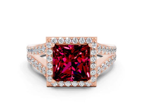 Rose gold Princess Cut Garnet Split Shank Halo Ring with Four-Prong Setting_12