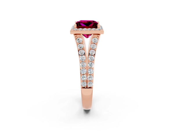 Rose gold Princess Cut Garnet Split Shank Halo Ring with Four-Prong Setting