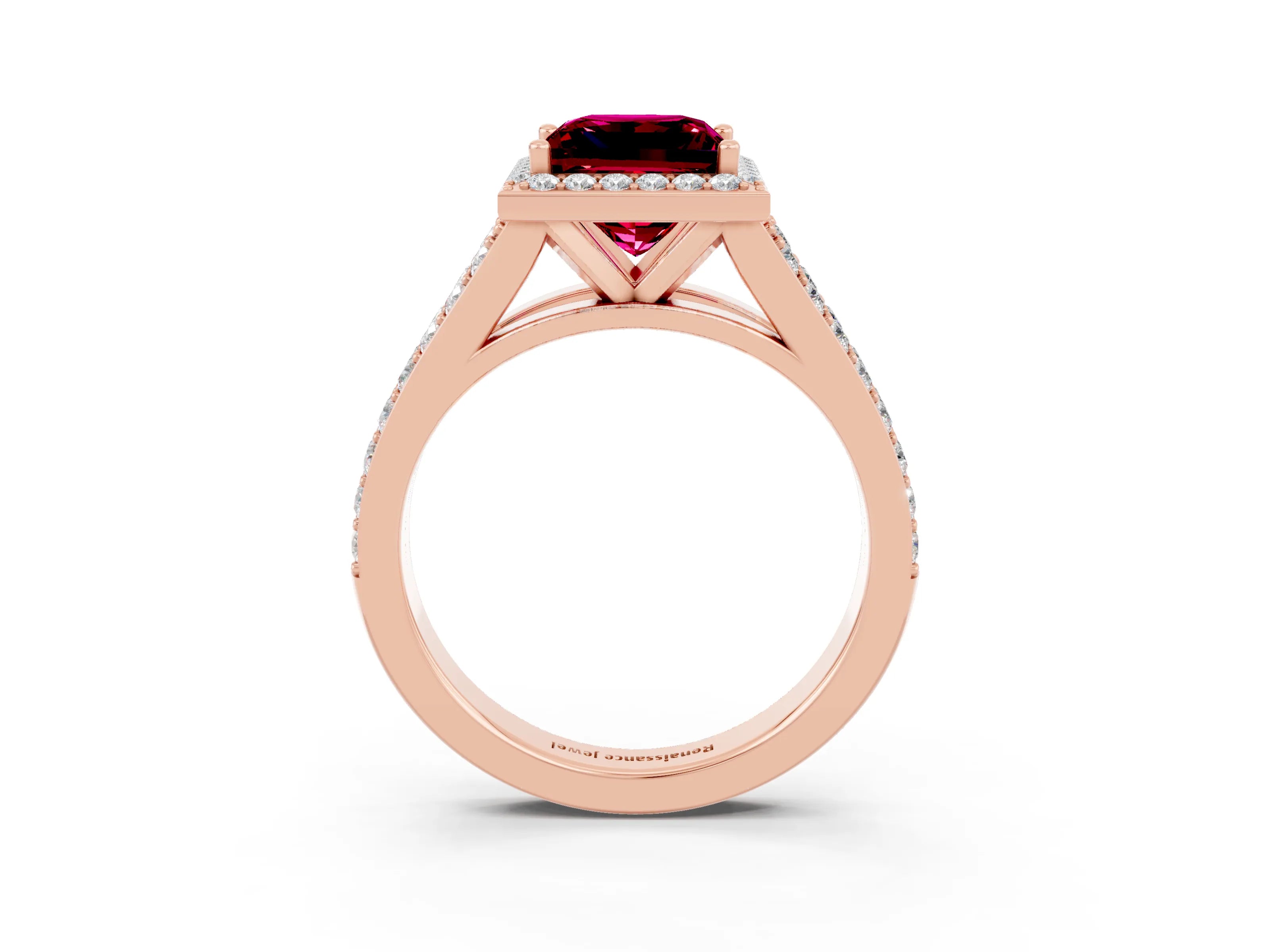 Rose gold Princess Cut Garnet Split Shank Halo Ring with Four-Prong Setting_15