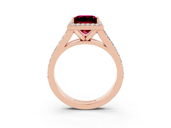 Rose gold Princess Cut Garnet Split Shank Halo Ring with Four-Prong Setting