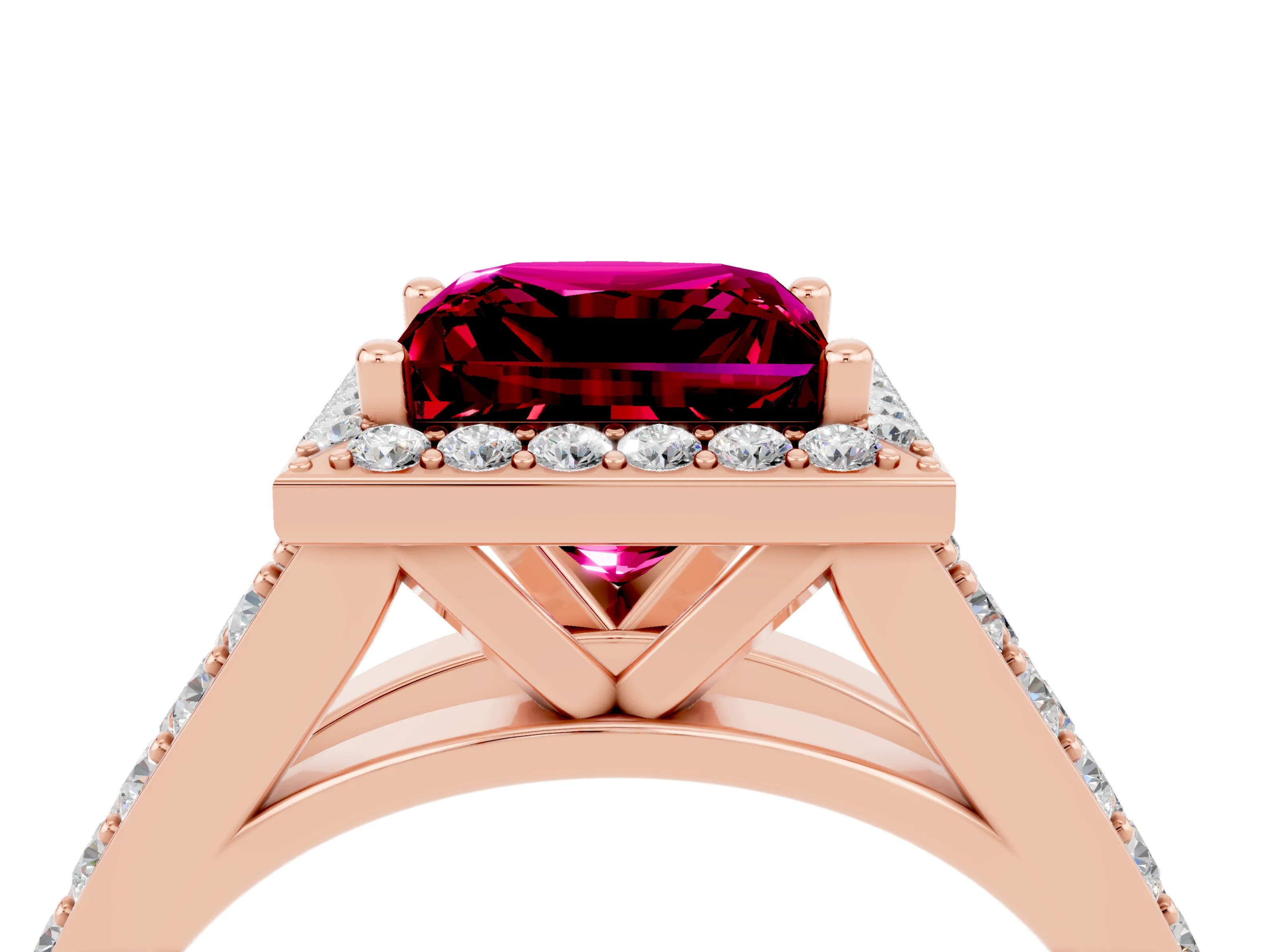 Rose gold Princess Cut Garnet Split Shank Halo Ring with Four-Prong Setting_16