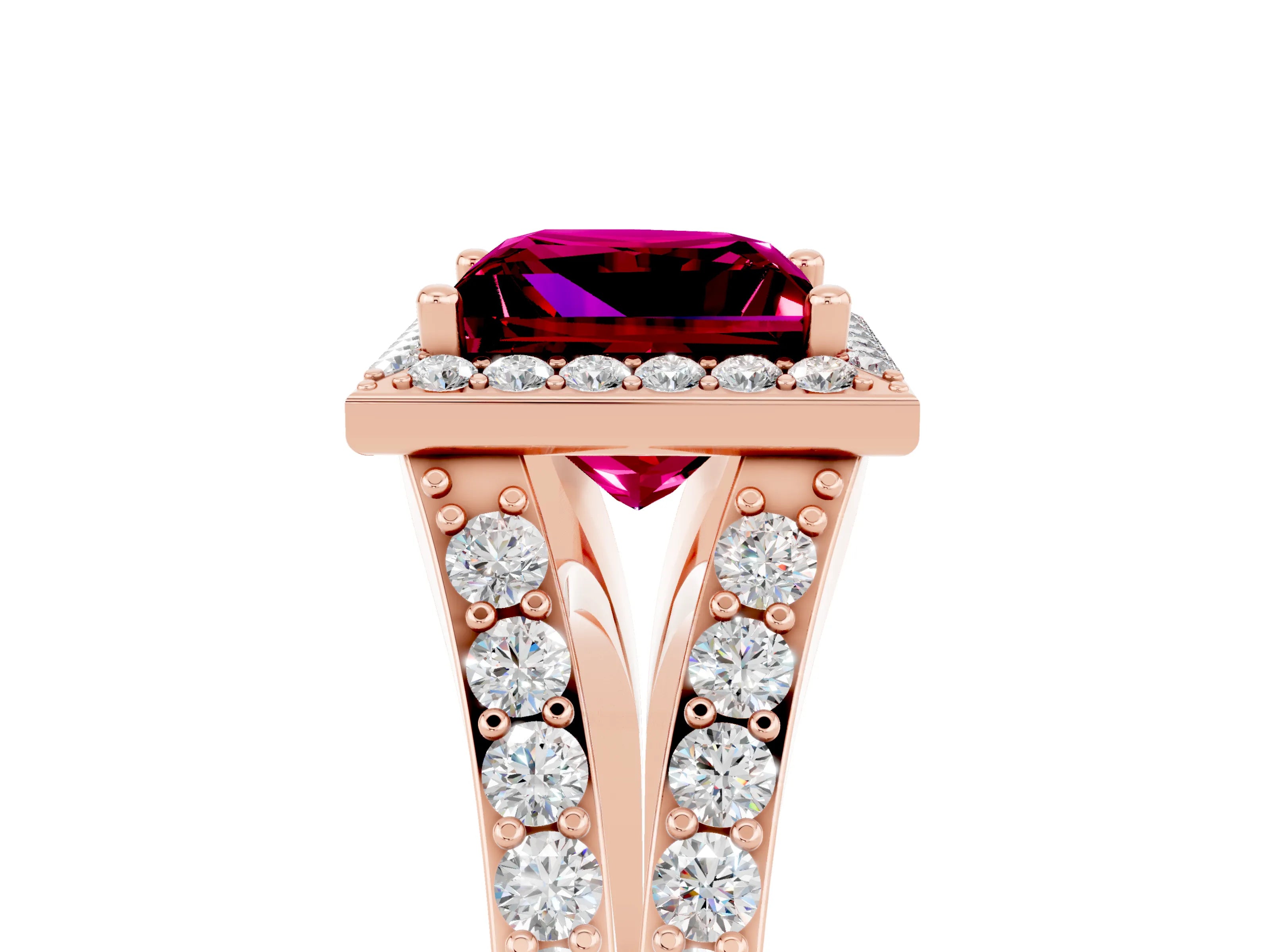 Rose gold Princess Cut Garnet Split Shank Halo Ring with Four-Prong Setting_17
