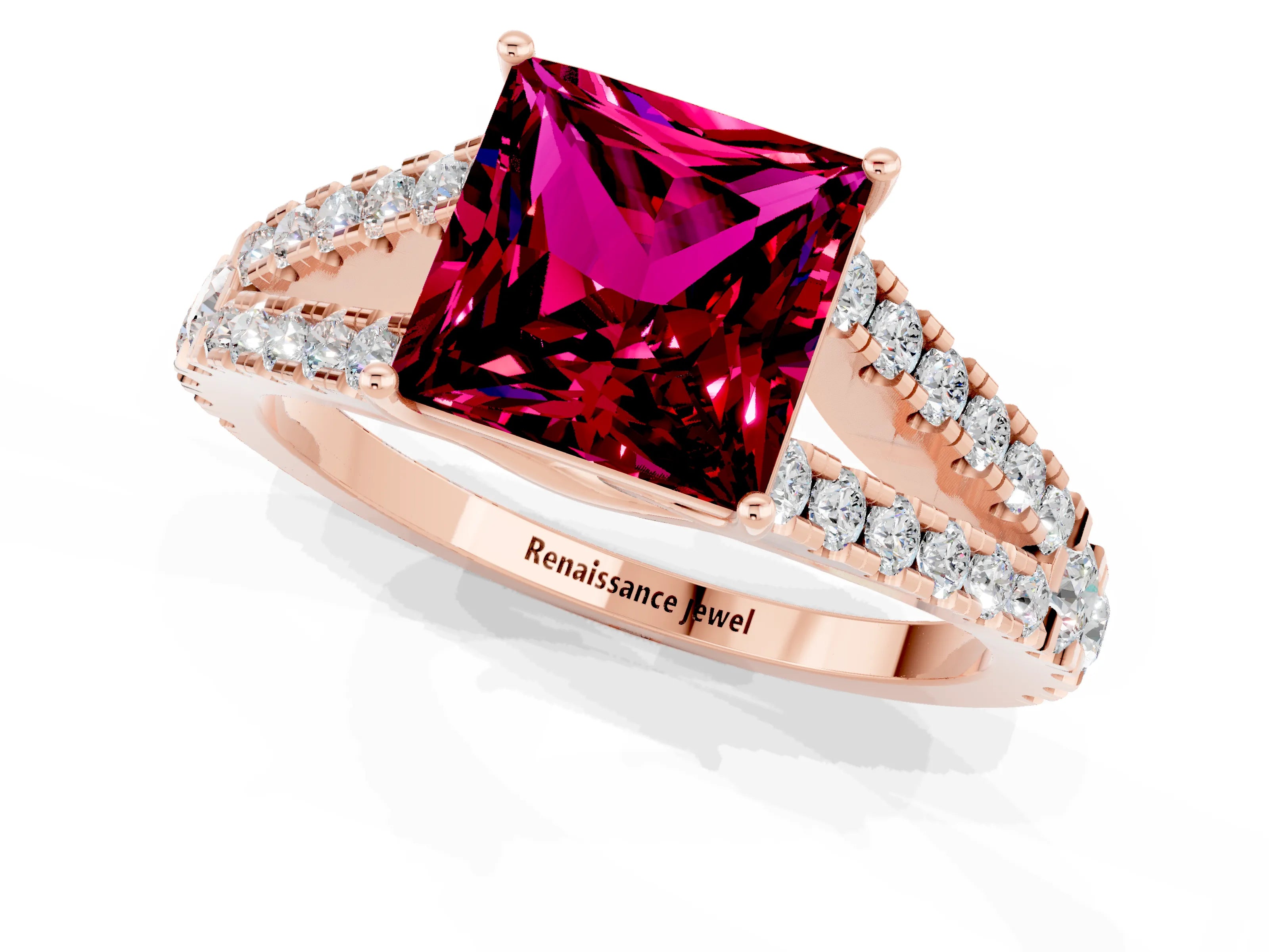 Rose gold Princess Cut Garnet Split Shank Pavé Engagement Ring with Four-Prong Setting_13
