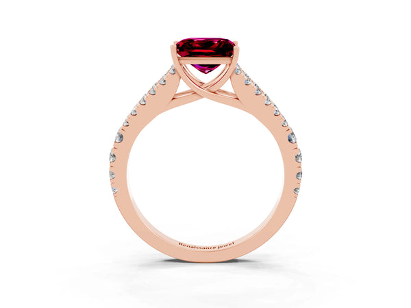 Rose gold Princess Cut Garnet Split Shank Pavé Engagement Ring with Four-Prong Setting