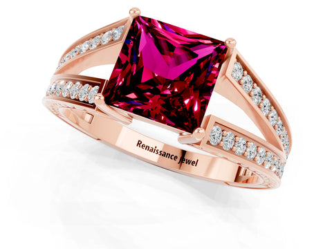 Rose gold Princess Cut Garnet Split Shank Ring with Pavé Band and Four-Prong Setting_1