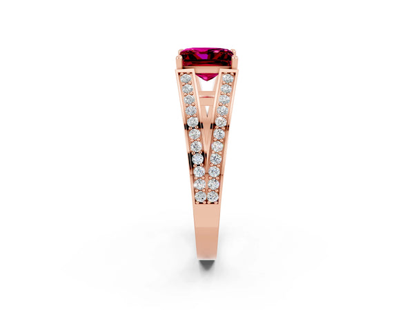 Rose gold Princess Cut Garnet Split Shank Ring with Pavé Band and Four-Prong Setting