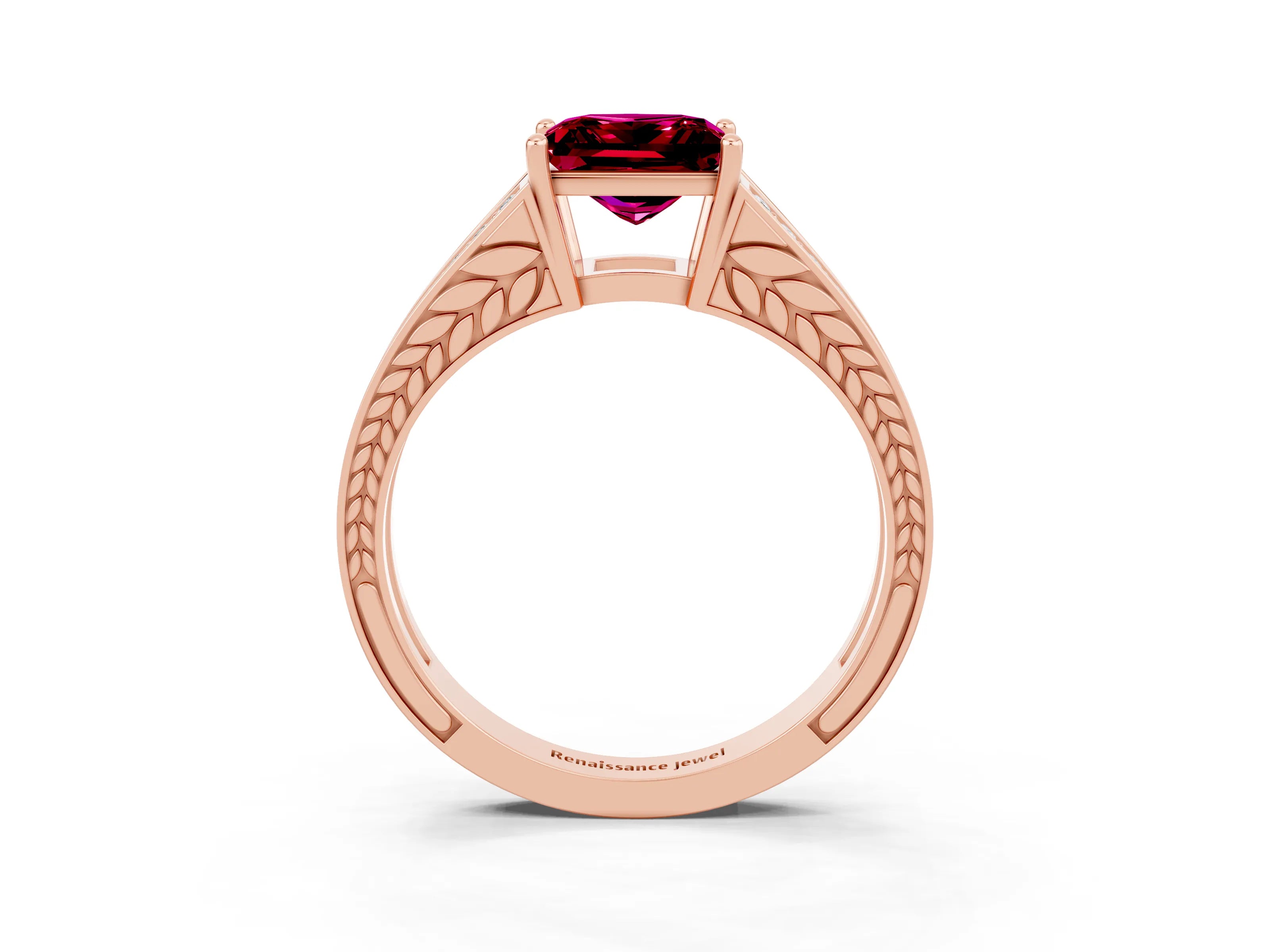 Rose gold Princess Cut Garnet Split Shank Ring with Pavé Band and Four-Prong Setting_3