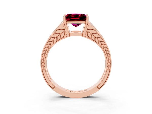 Rose gold Princess Cut Garnet Split Shank Ring with Pavé Band and Four-Prong Setting